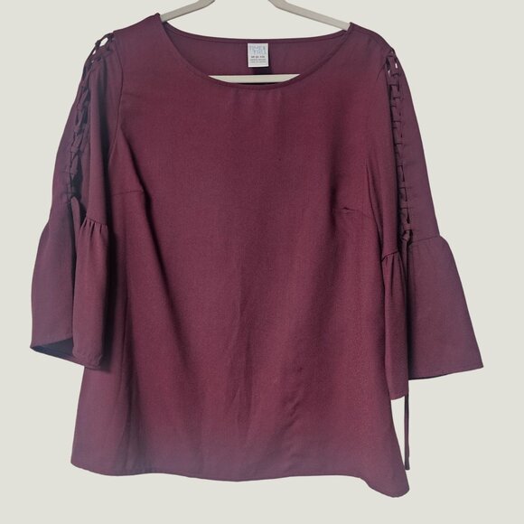 Time And Tru Womens Bell Sleeve Burgundy Blouse With Lace-Up Detail Size M - Picture 1 of 6